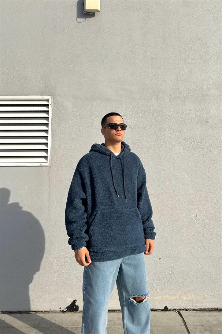 Basic Petrol Mavisi İçi Pamuklu Peluş Hoodie
