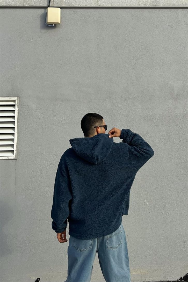 Basic Petrol Mavisi İçi Pamuklu Peluş Hoodie