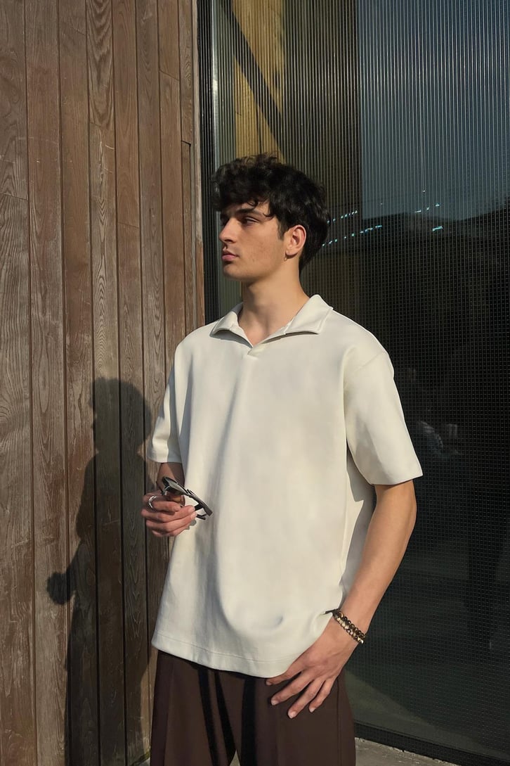 Basic Polo Yaka Bej Oversize Tişört