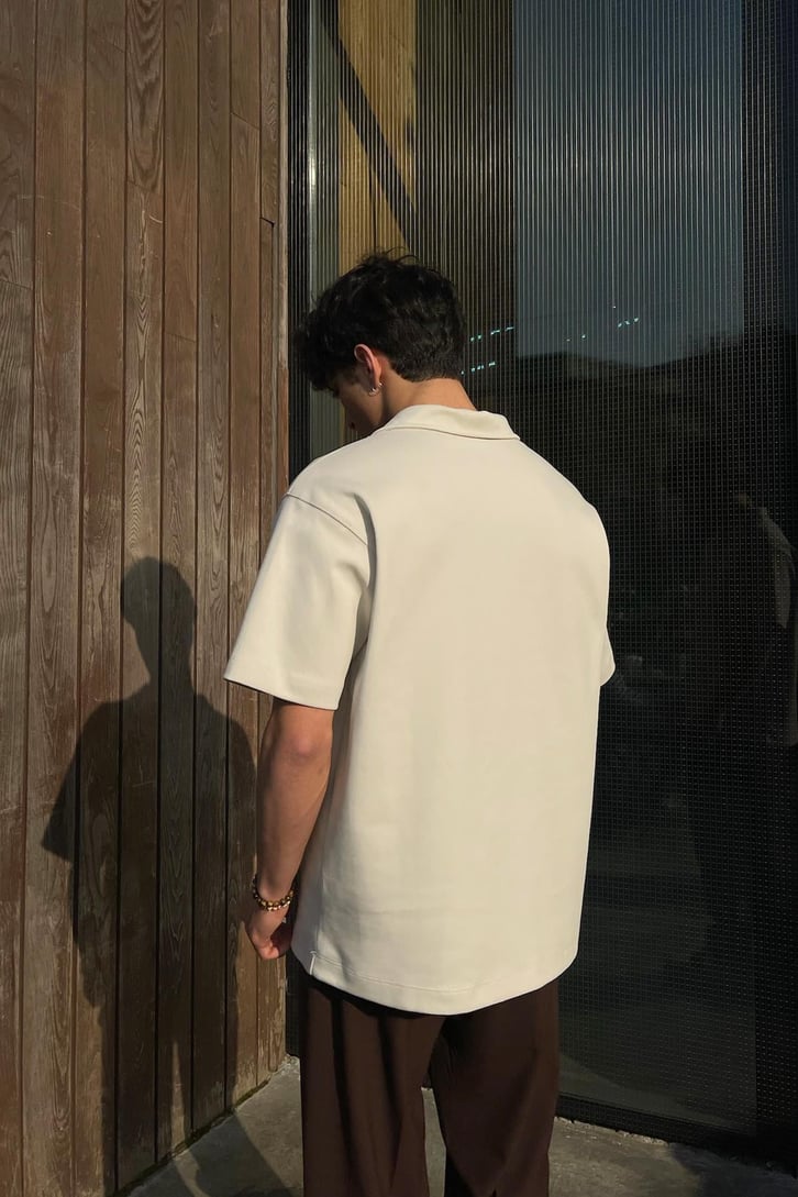 Basic Polo Yaka Bej Oversize Tişört