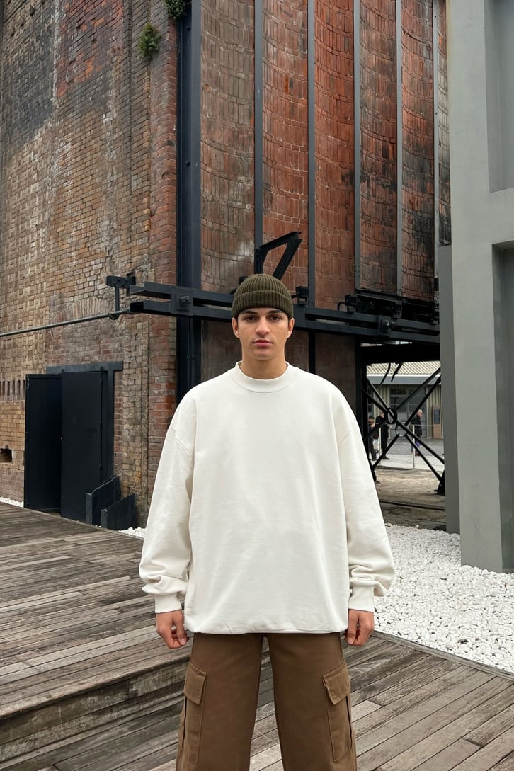 Basic Ripped Detail Ekru Oversize Sweatshirt