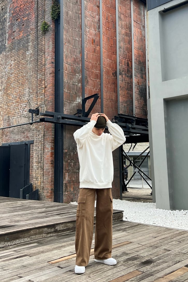 Basic Ripped Detail Ekru Oversize Sweatshirt