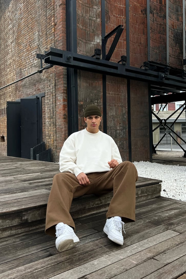 Basic Ripped Detail Ekru Oversize Sweatshirt
