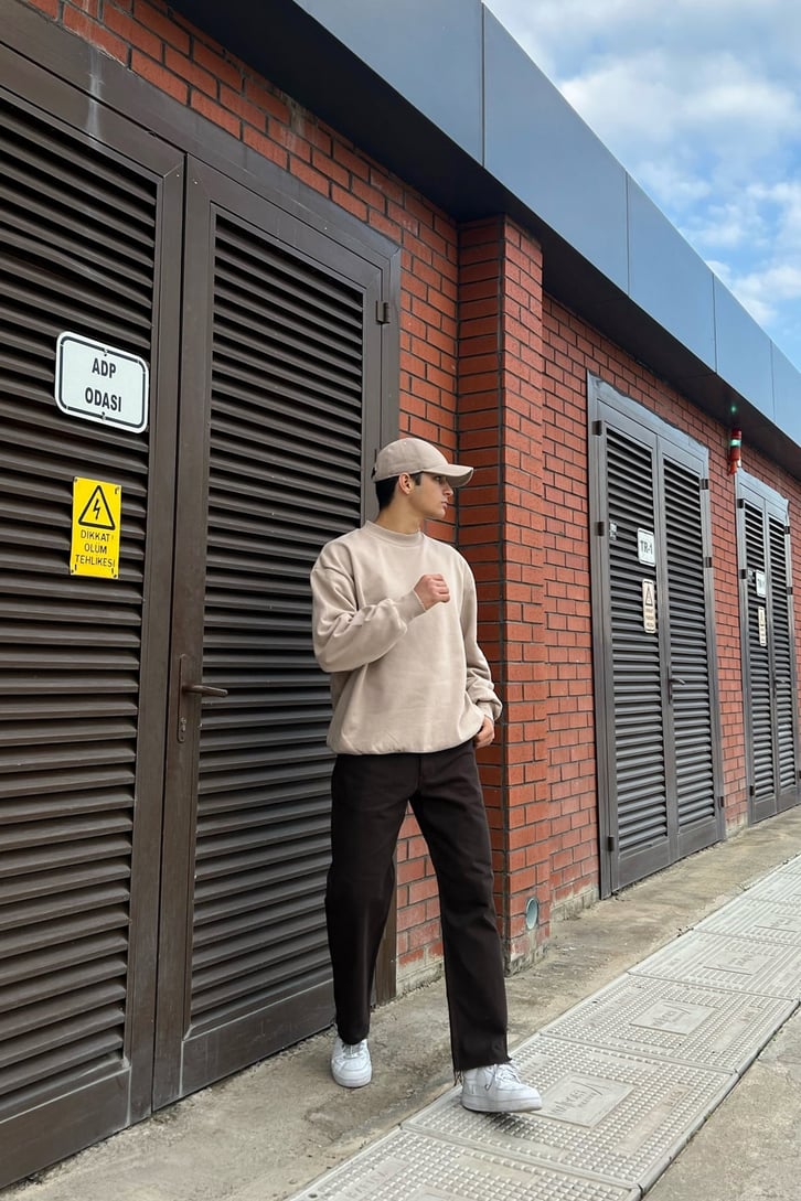 Basic Ripped Detail Sütlü Kahve Oversize Sweatshirt