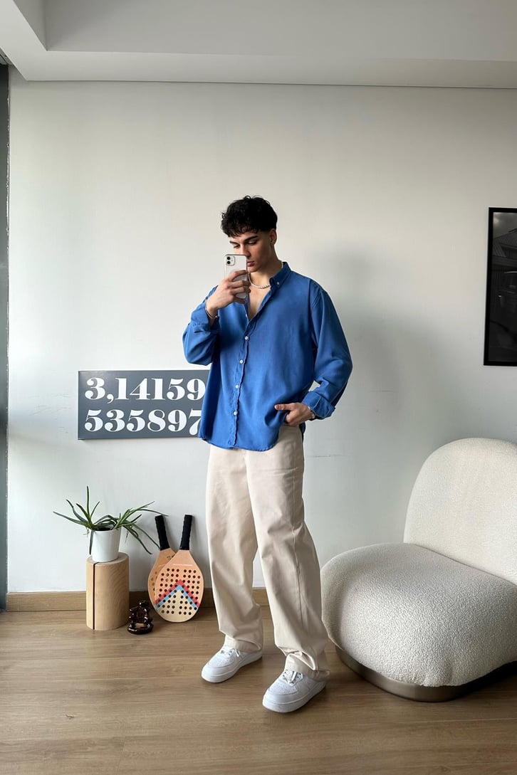 Basic Saks Mavisi Uzun Kollu Oversize Gömlek