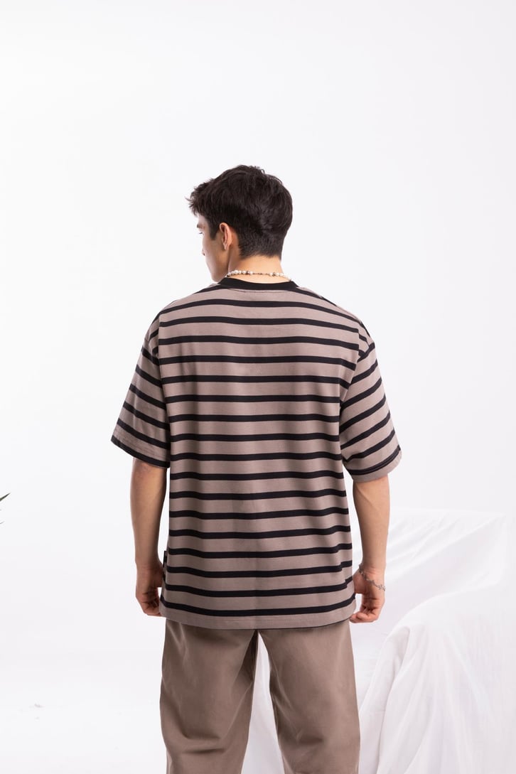 Basic Siyah Çizgili Vizon Oversize Tshirt
