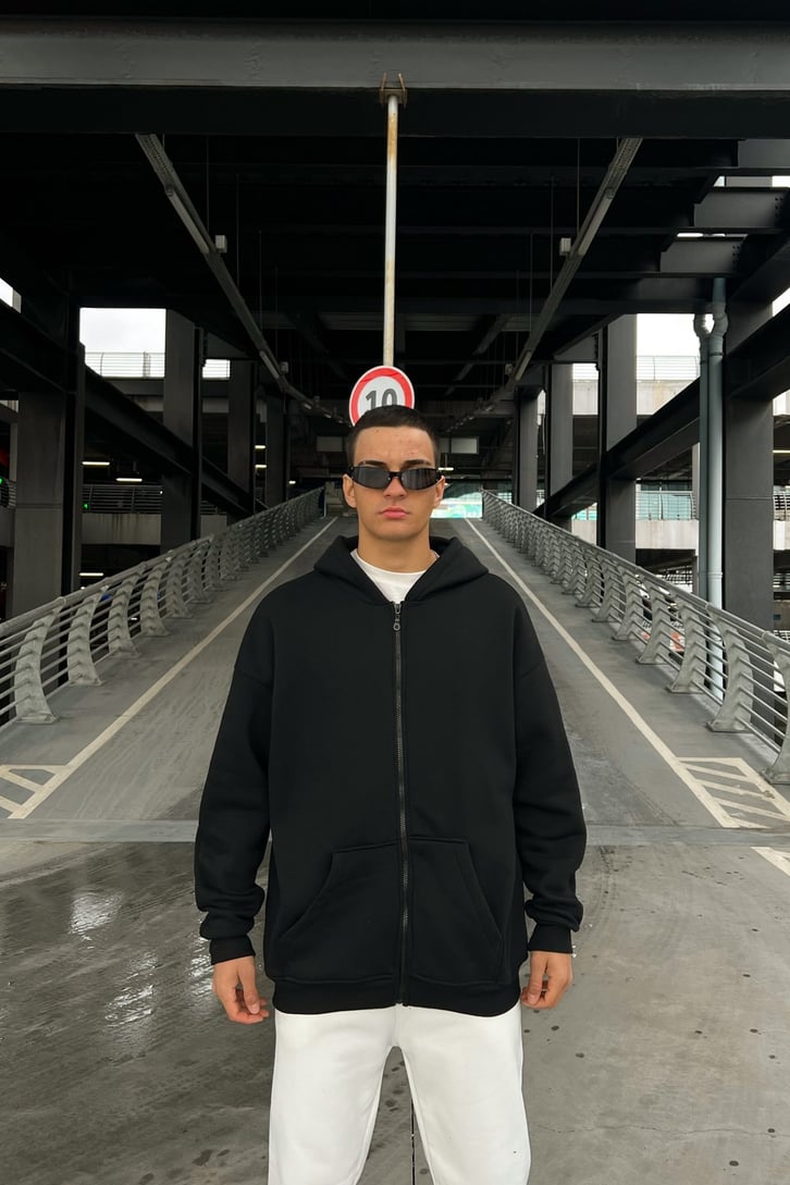 Basic Siyah Oversize Zipper Hoodie