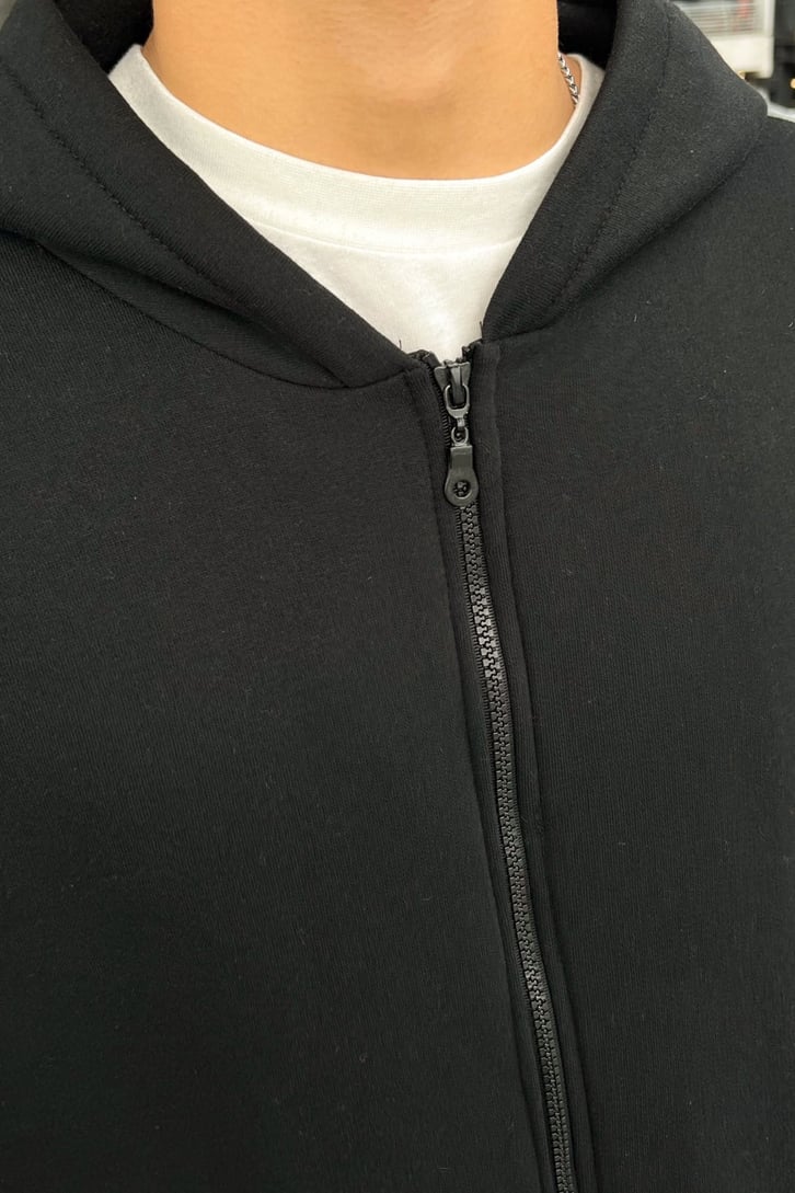 Basic Siyah Oversize Zipper Hoodie