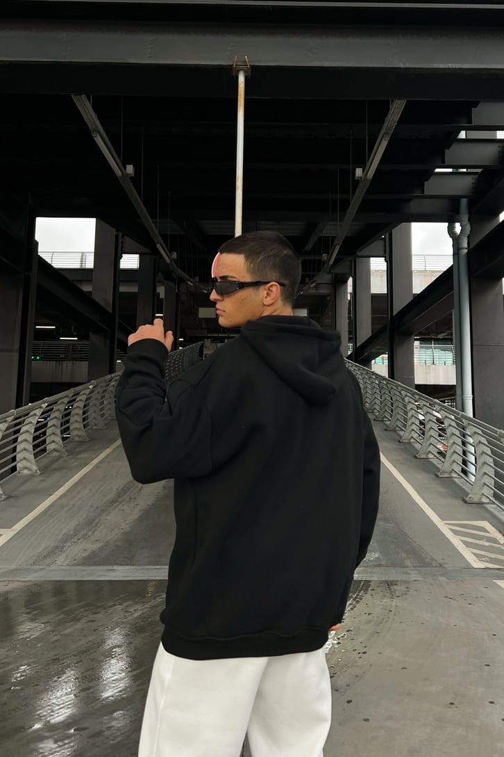 Basic Siyah Oversize Zipper Hoodie