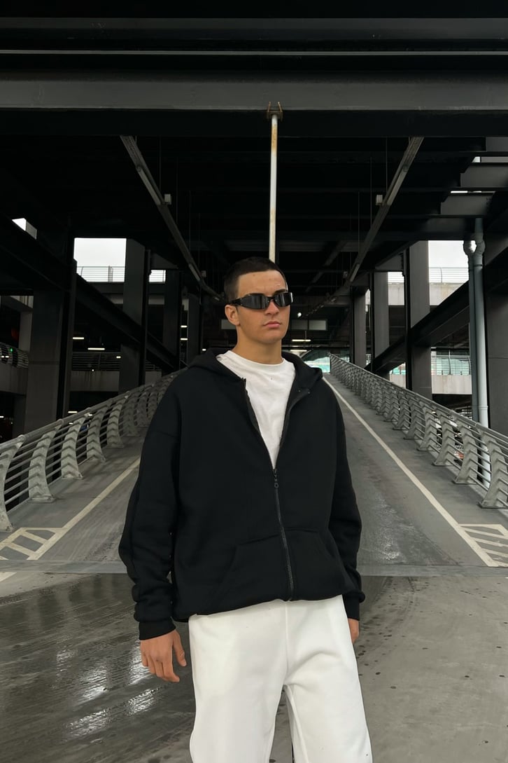 Basic Siyah Oversize Zipper Hoodie