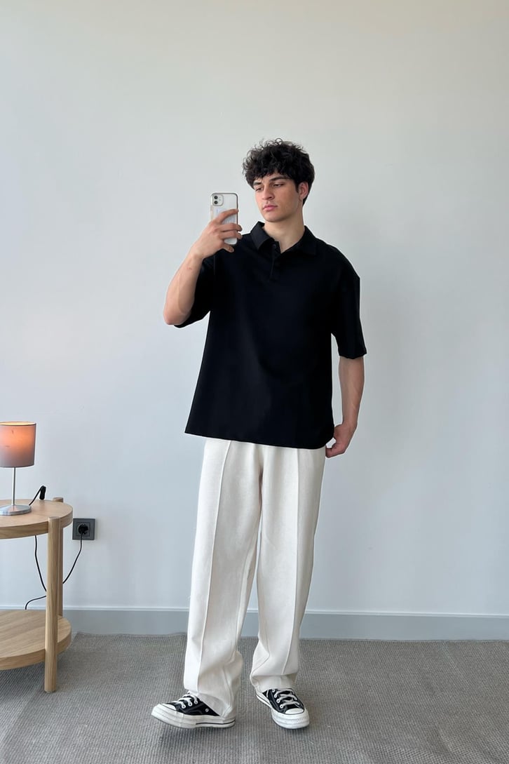 Basic Siyah Polo Yaka Oversize Tişört
