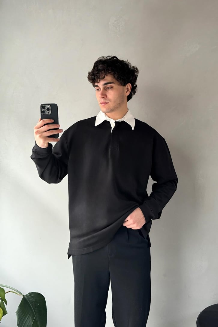 Basic Siyah Polo Yaka Uzun Kol Tişört