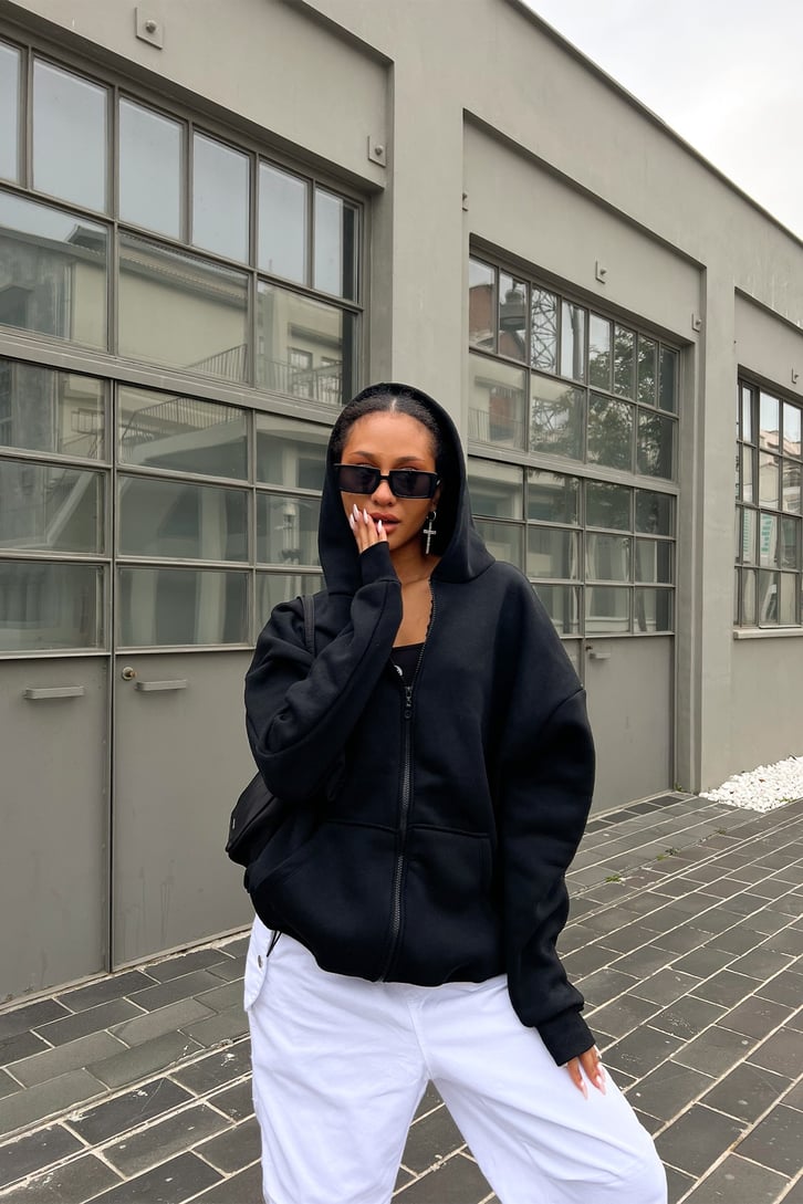 Basic Siyah Zipper Hoodie