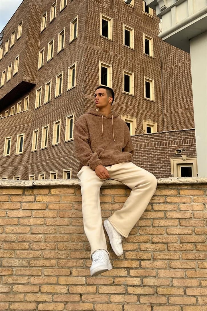 Basic Sütlü Kahve İçi Pamuklu Peluş Hoodie