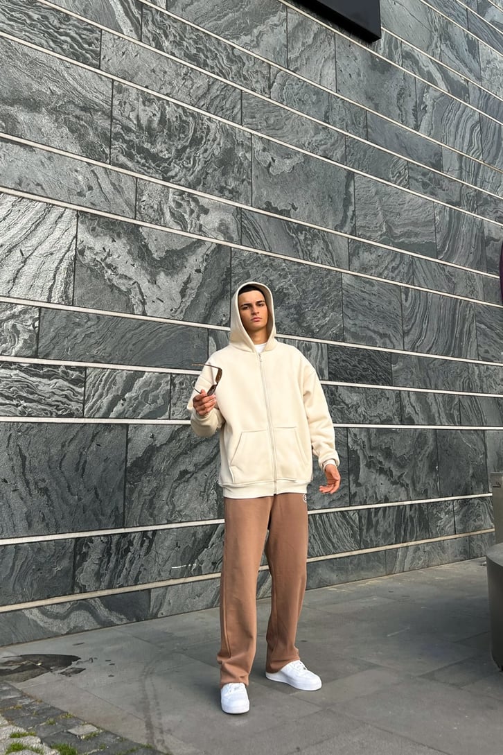 Basic Taş Rengi Oversize Zipper Hoodie