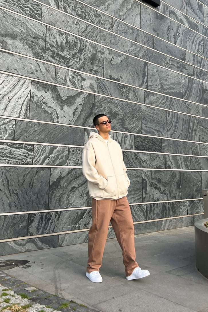 Basic Taş Rengi Oversize Zipper Hoodie