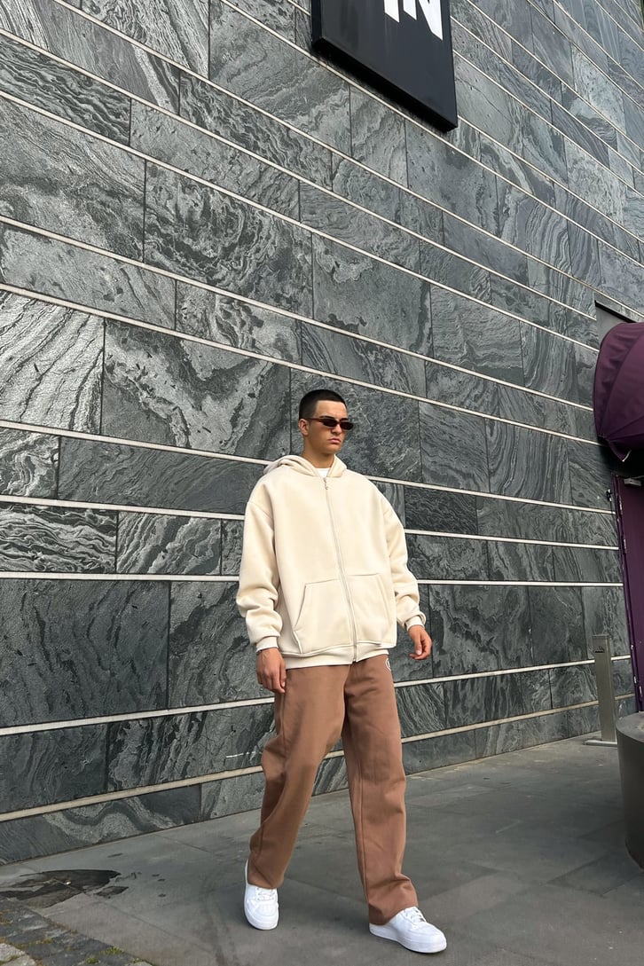 Basic Taş Rengi Oversize Zipper Hoodie