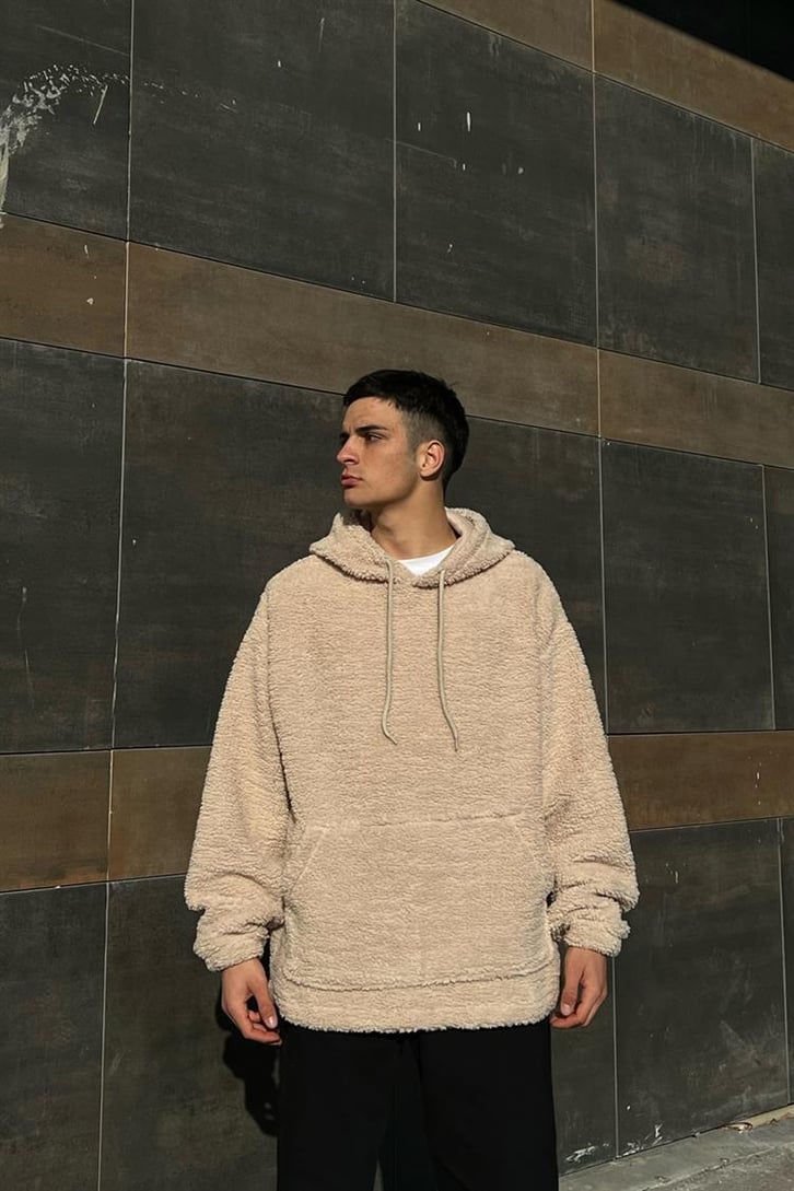 Basic Taş Rengi Peluş Hoodie