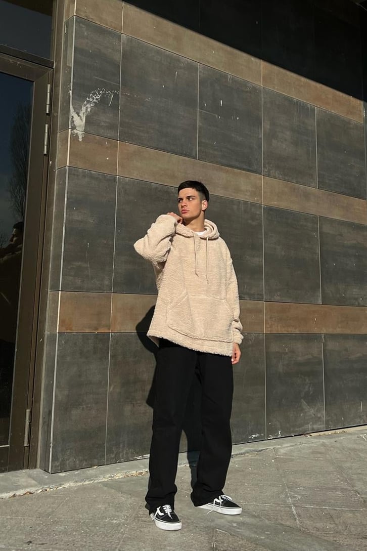 Basic Taş Rengi Peluş Hoodie