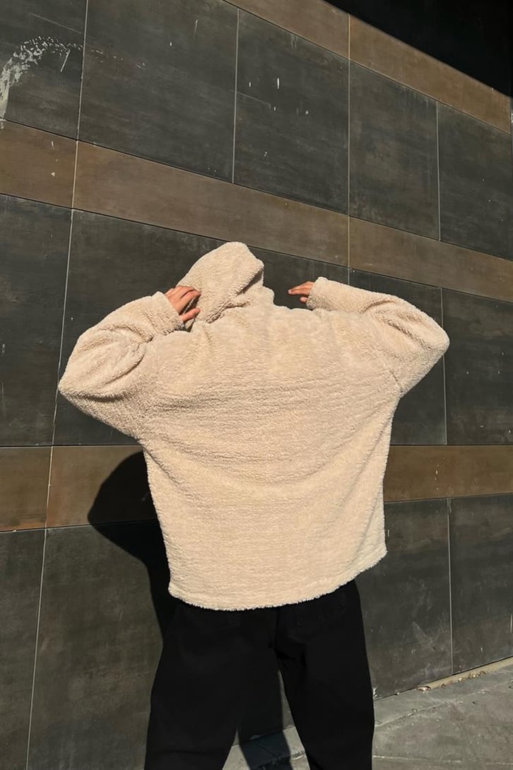 Basic Taş Rengi Peluş Hoodie