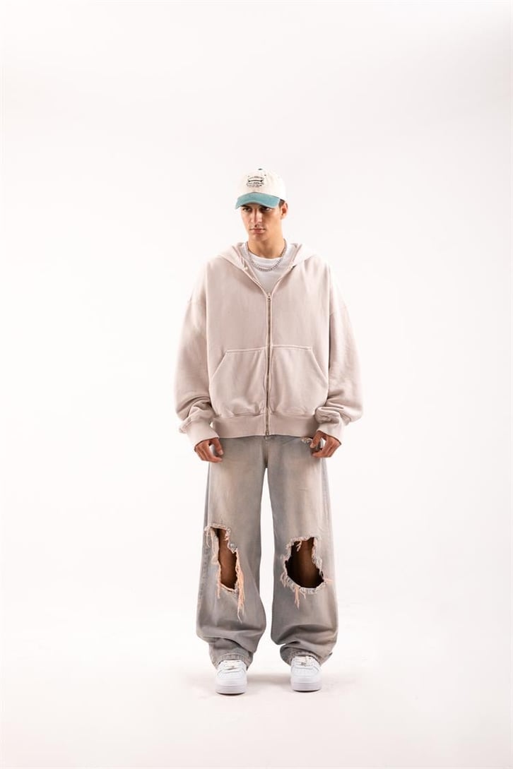 Basic Taş Rengi Zip Hoodie