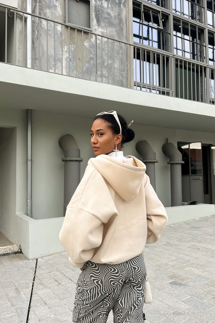 Basic Taş Rengi Zipper Hoodie