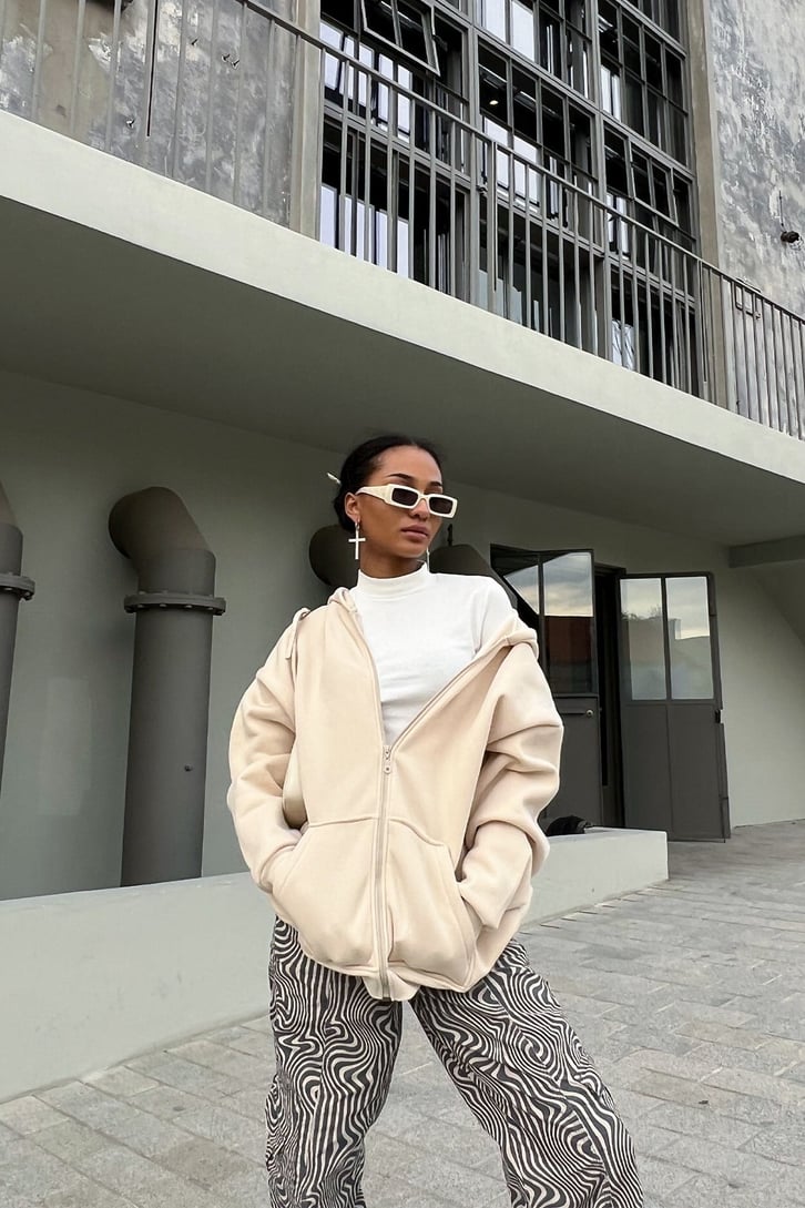 Basic Taş Rengi Zipper Hoodie