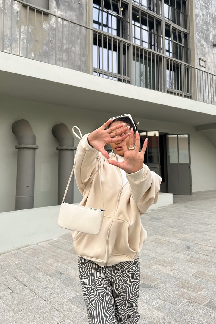 Basic Taş Rengi Zipper Hoodie