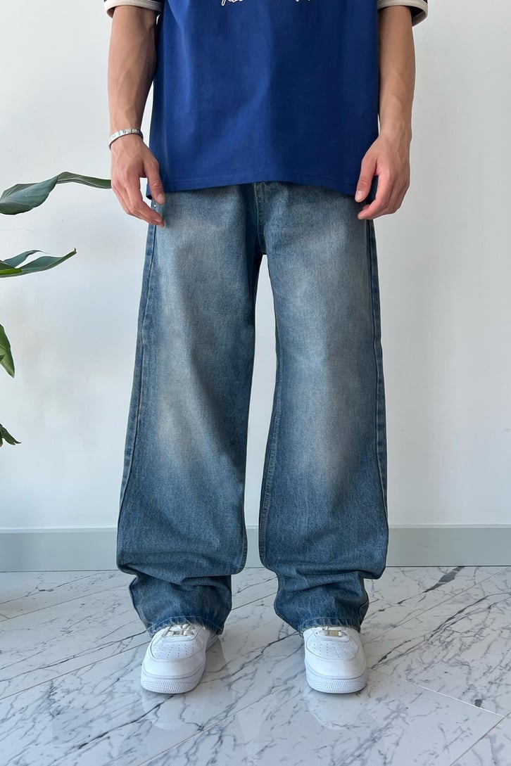 Basic Taşlamalı Koyu Mavi Baggy Jean