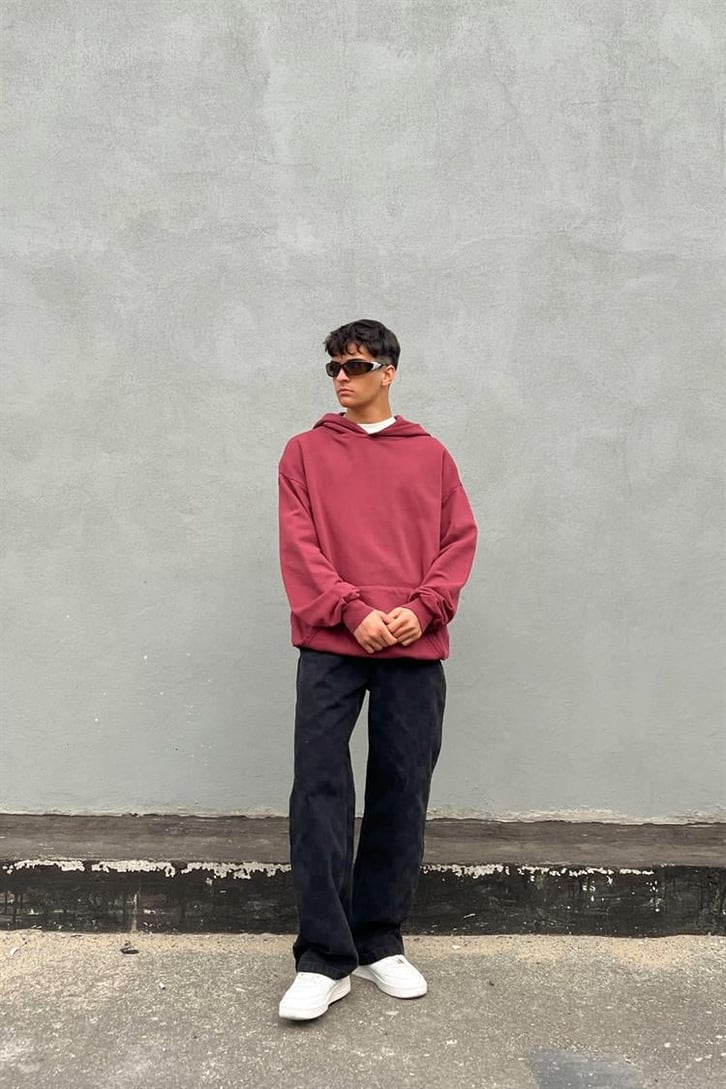 Basic Vişne İçi Pamuklu Oversize Hoodie