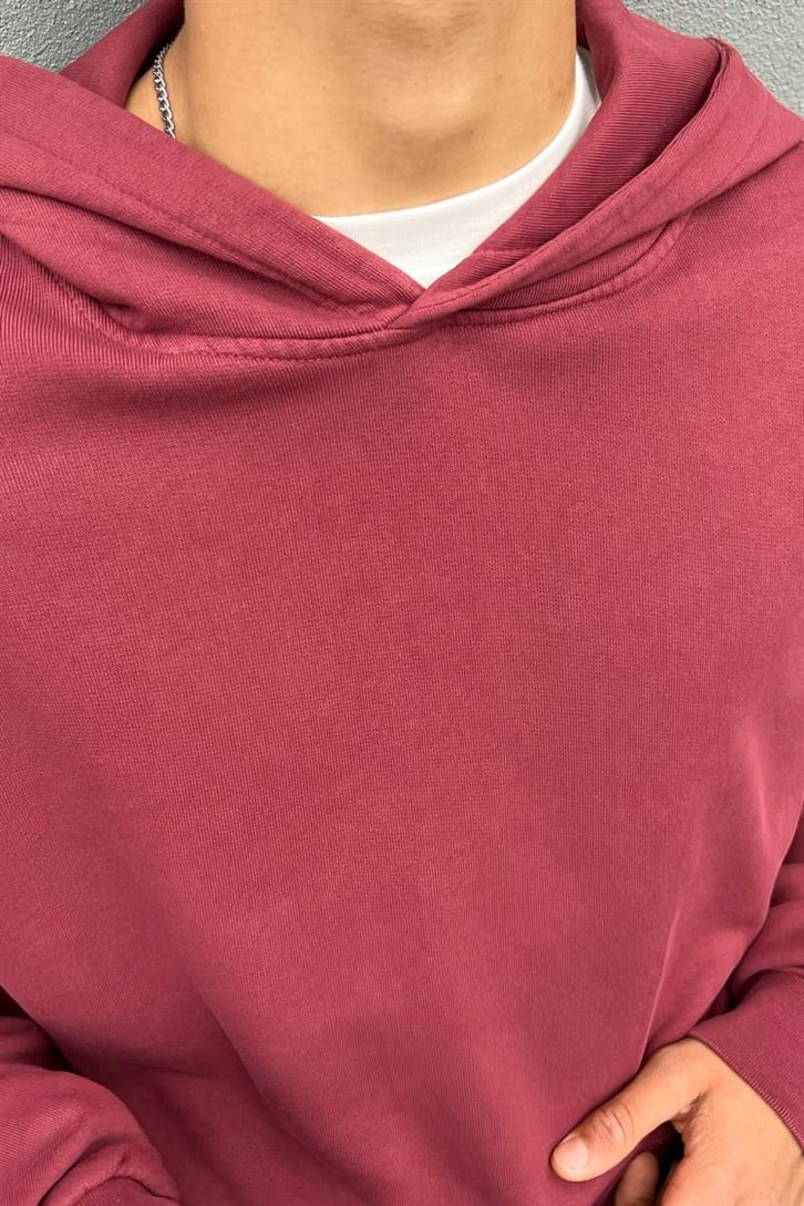 Basic Vişne İçi Pamuklu Oversize Hoodie