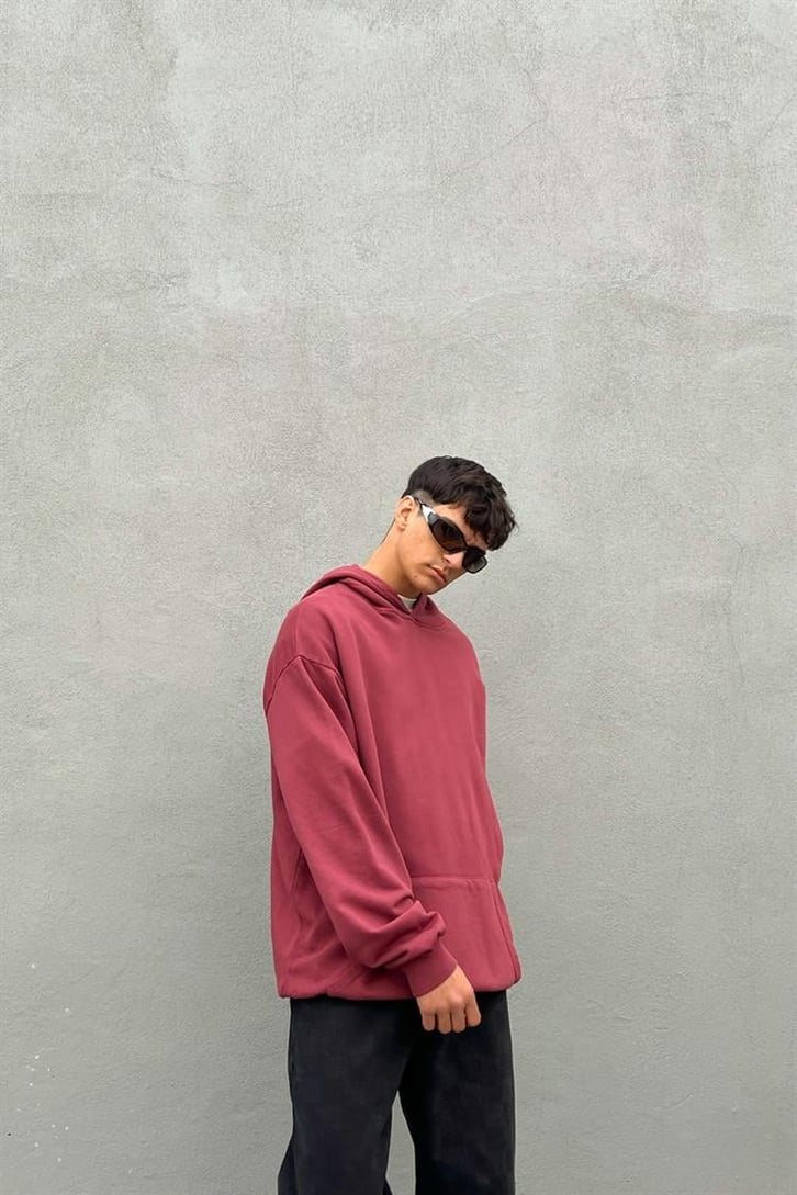 Basic Vişne İçi Pamuklu Oversize Hoodie