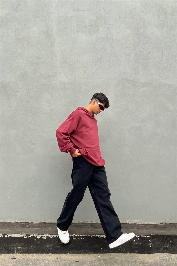 Basic Vişne İçi Pamuklu Oversize Hoodie