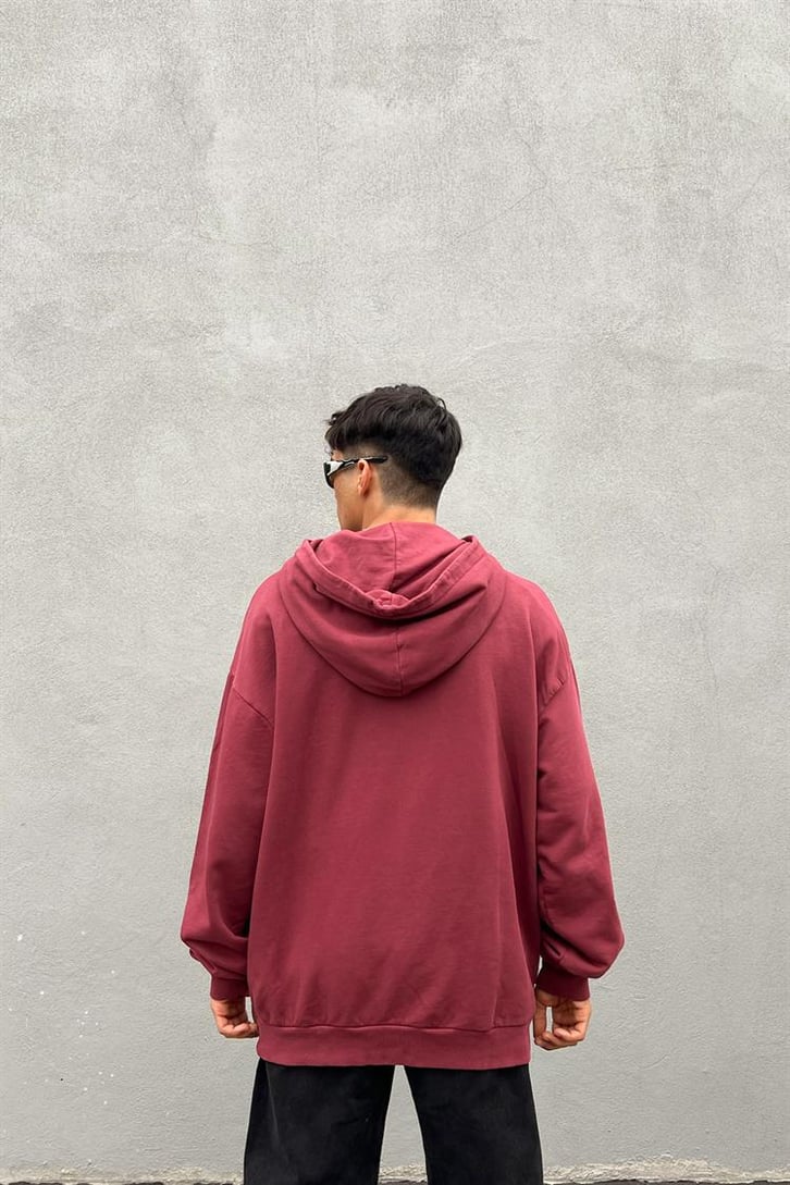 Basic Vişne İçi Pamuklu Oversize Hoodie