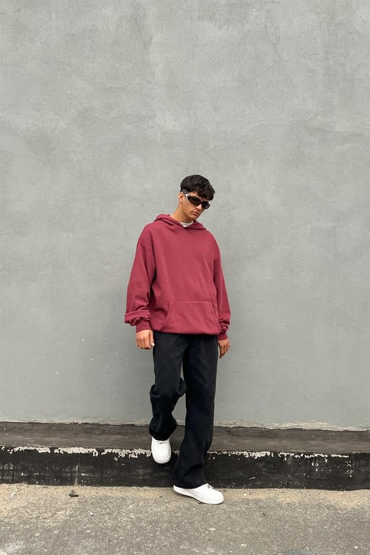 Basic Vişne İçi Pamuklu Oversize Hoodie