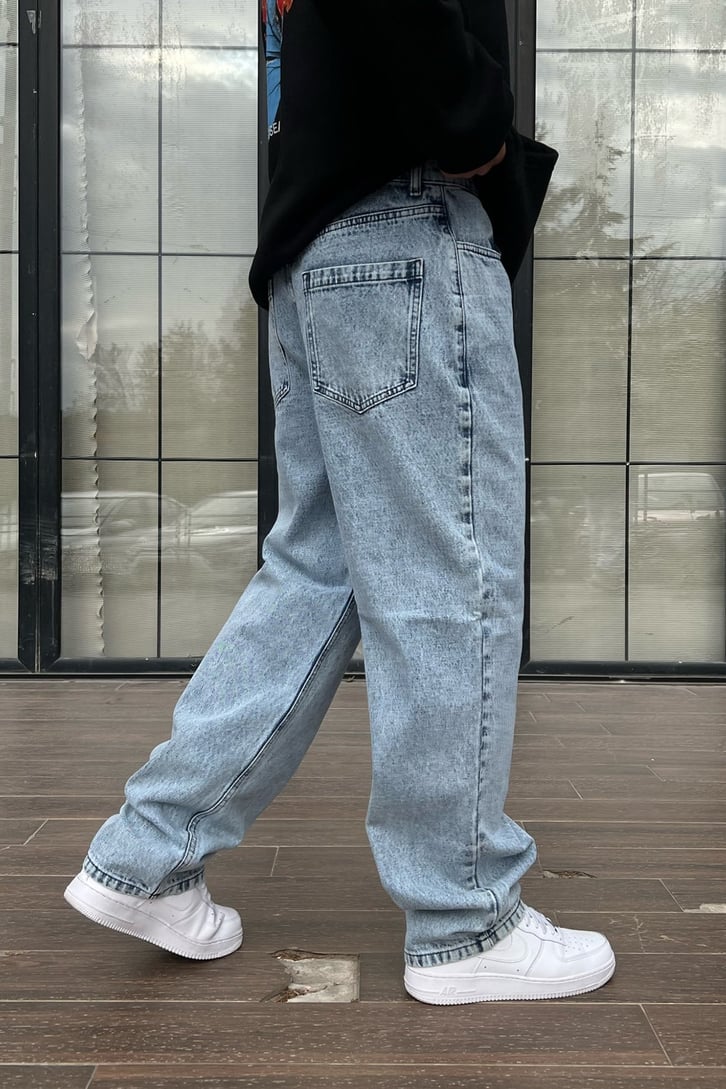 Basic Yıkamalı Buz Mavi Baggy Jean