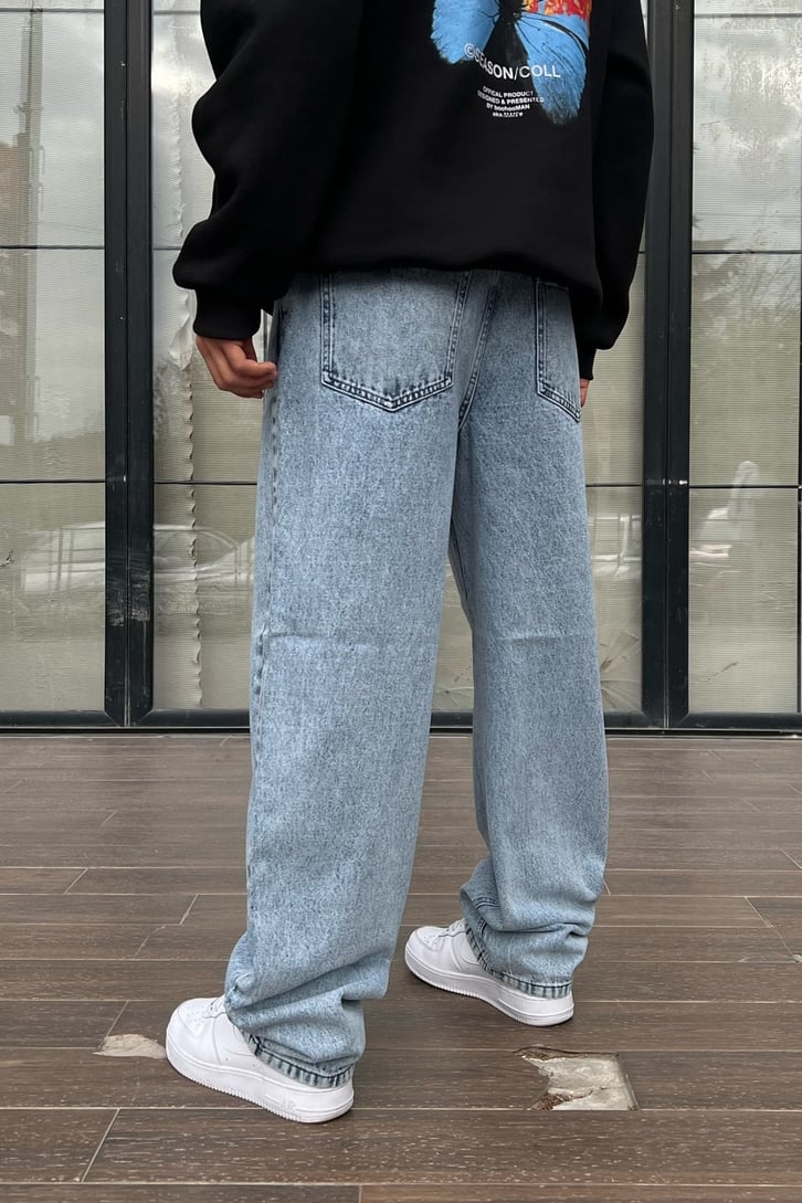 Basic Yıkamalı Buz Mavi Baggy Jean