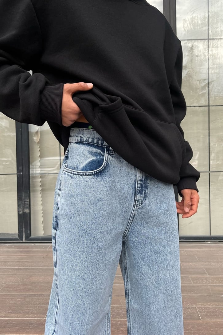 Basic Yıkamalı Buz Mavi Baggy Jean