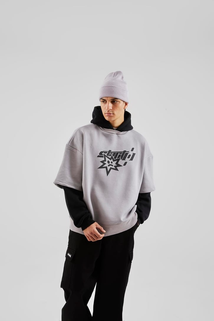 Baskılı Double Color Gri Oversize Hoodie