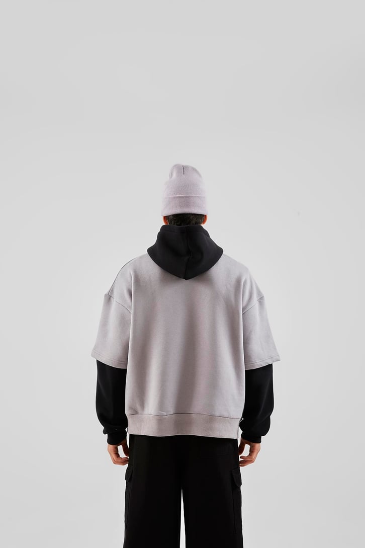 Baskılı Double Color Gri Oversize Hoodie