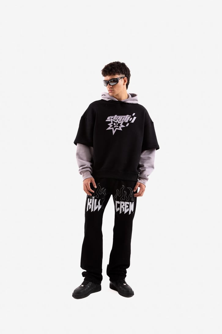 Baskılı Double Color Siyah Oversize Hoodie