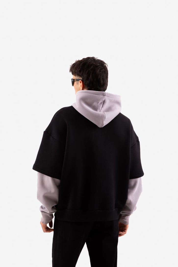 Baskılı Double Color Siyah Oversize Hoodie