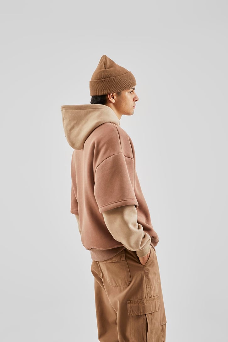 Baskılı Double Color Vizon Oversize Hoodie