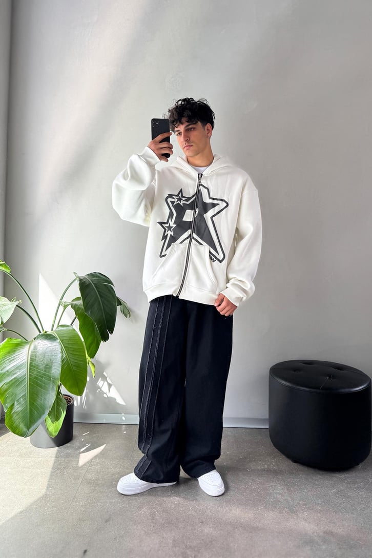Baskılı Oversize Zip Hoodie