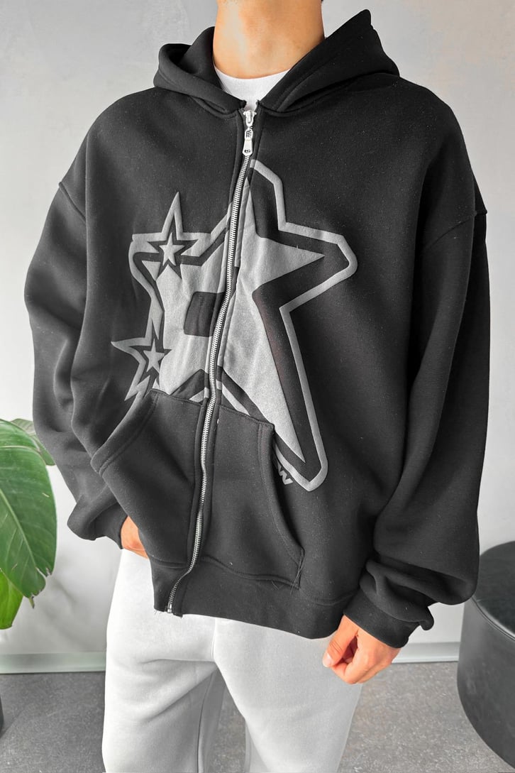 Baskılı Oversize Zip Hoodie