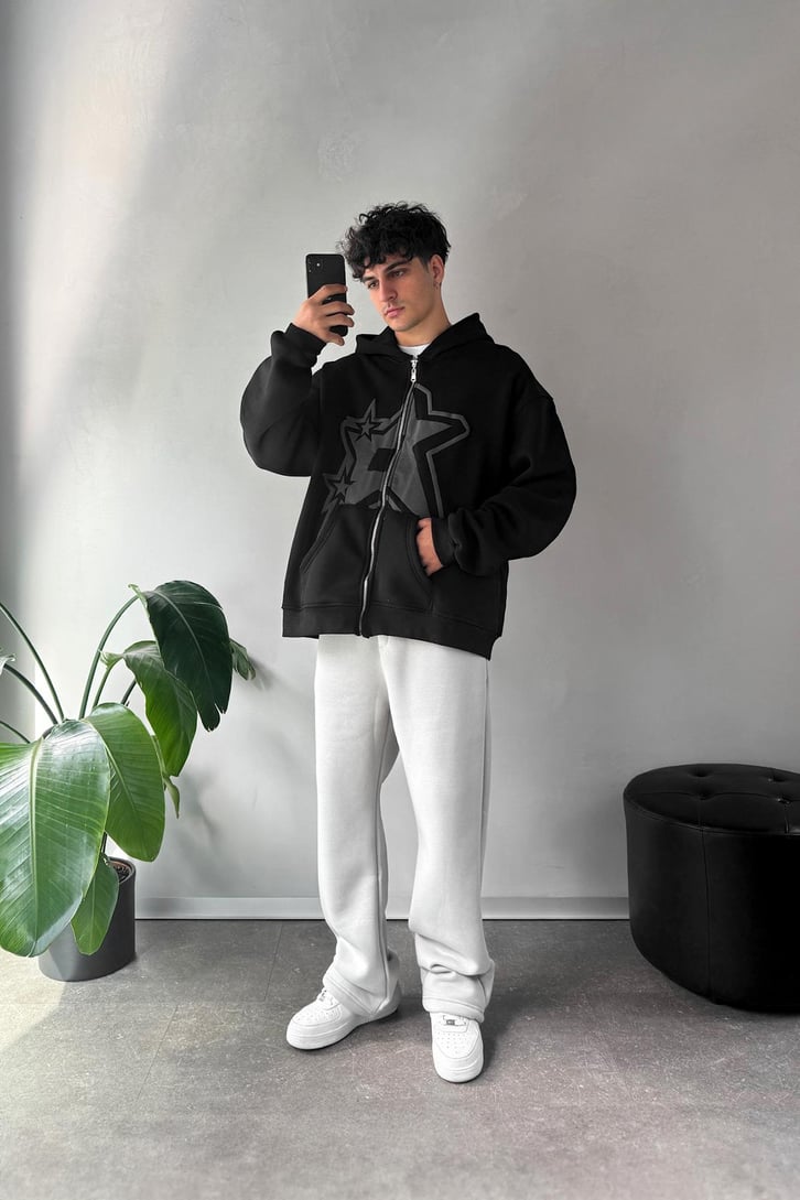 Baskılı Oversize Zip Hoodie