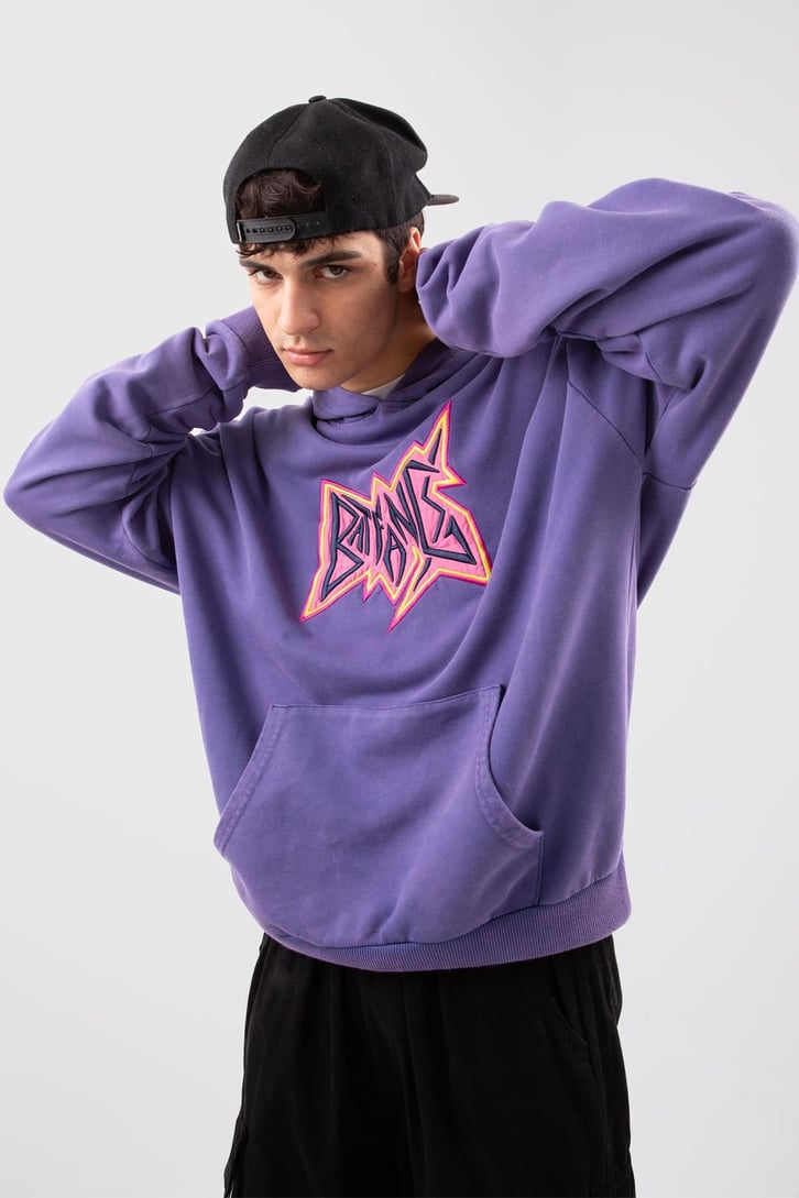 Batfang Nakışlı Mor Oversize Hoodie