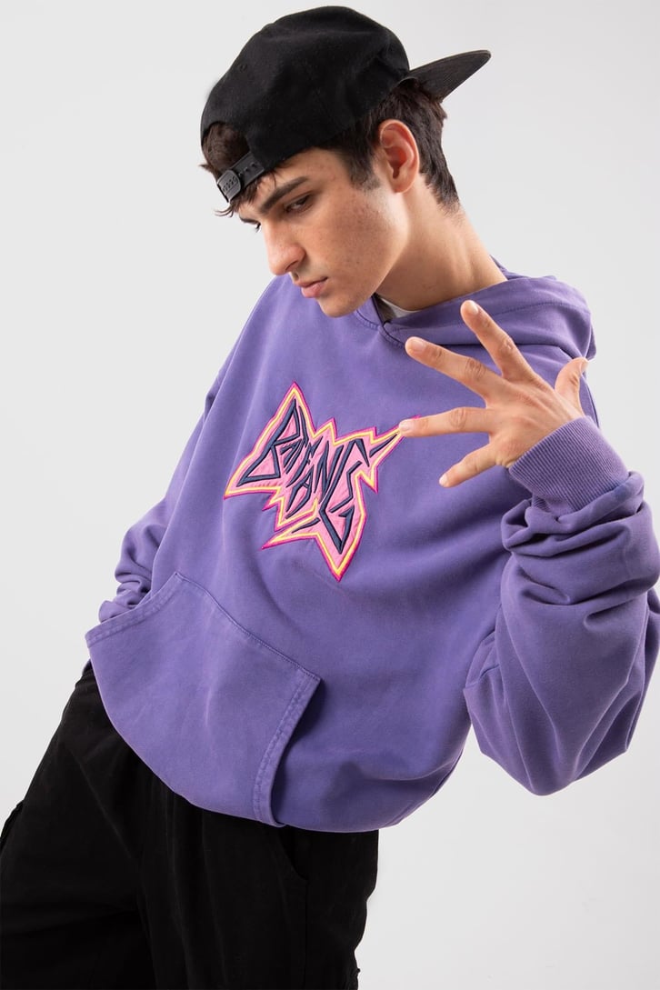 Batfang Nakışlı Mor Oversize Hoodie