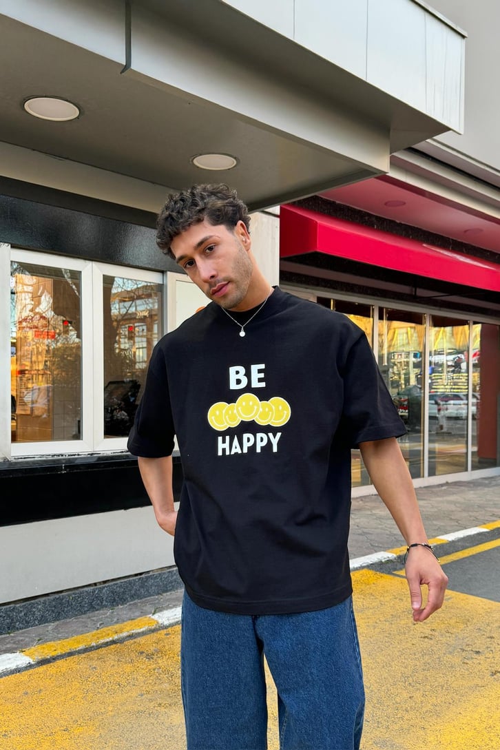 Be Happy Baskılı Oversize Tişört