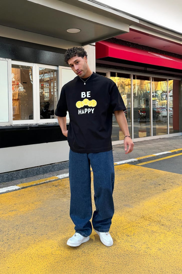 Be Happy Baskılı Oversize Tişört